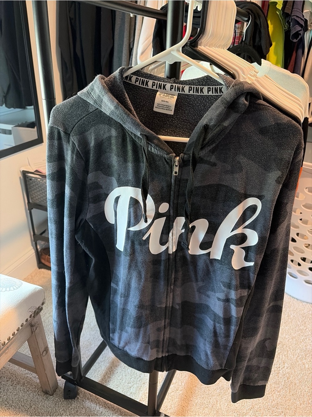 PINK Victoria's Secret Black Camo Zip Hoodie with White Logo